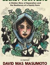 The cover of "Secret Harvests", which is an illustration of a woman wearing a blue bonnet, surrounded by green leaves.